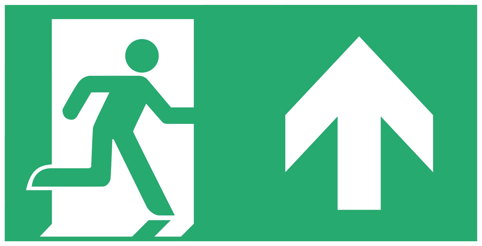 Emergency exit sign showing a person running through a door, with an arrow pointing upwards.