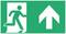 Emergency exit sign showing a person running through a door, with an arrow pointing upwards.