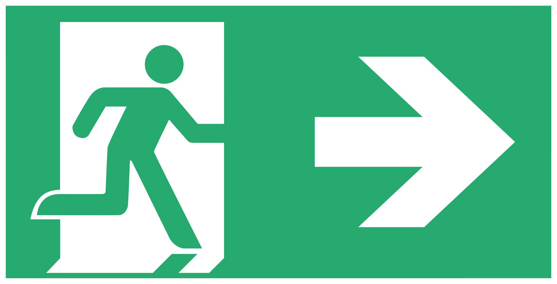 Emergency exit sign with a green background shows a person running to the right, followed by a white arrow in the same direction.