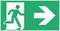 Emergency exit sign with a green background shows a person running to the right, followed by a white arrow in the same direction.