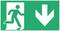 Emergency exit sign with an icon of a running person pointing left and an arrow pointing downwards.