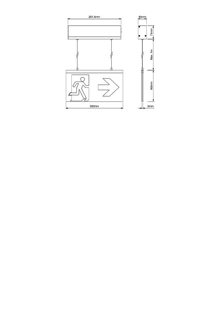 Exit sign with emergency exit symbol: A person with an arrow pointing right. Dimensions: 281.5 mm x 200 mm. Technical drawing.