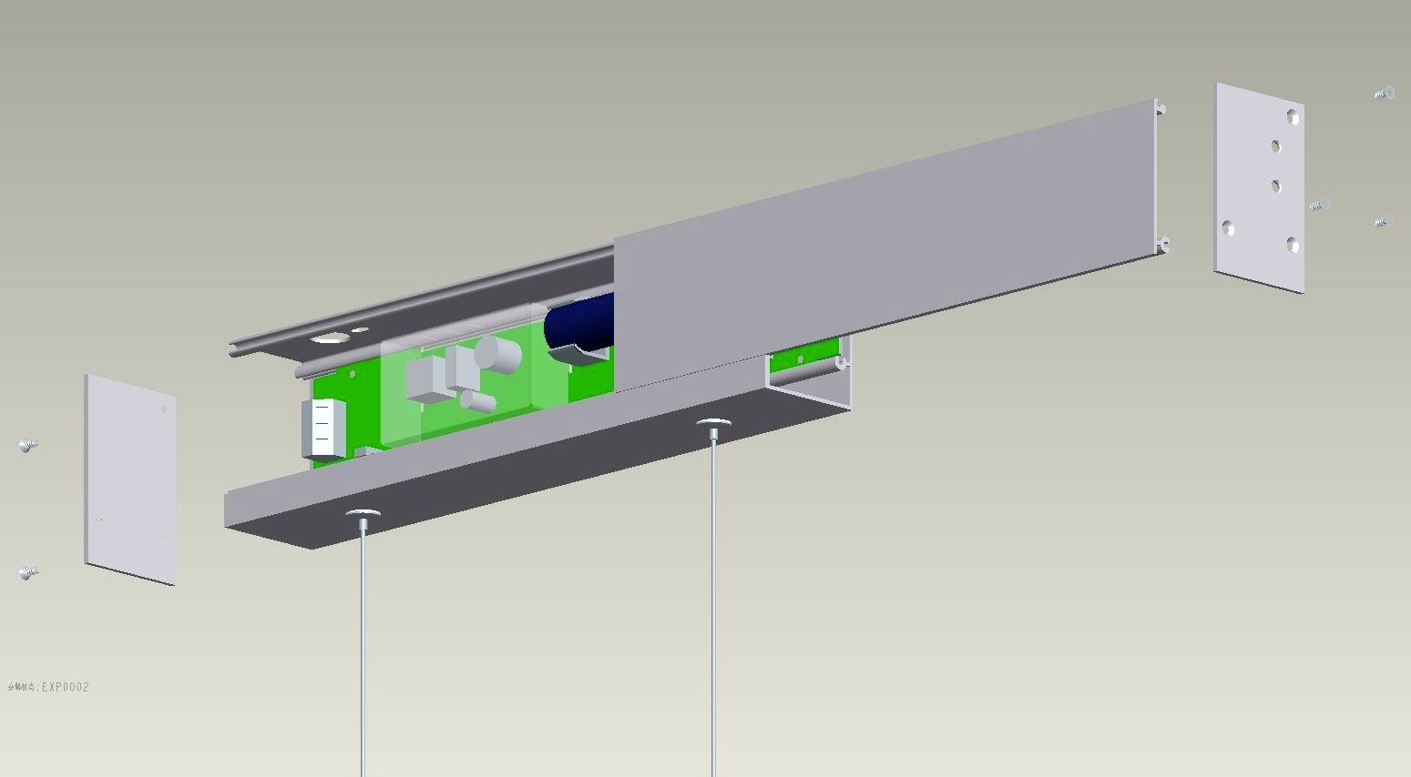 Exploded view diagram of a technical component with rails, electronic components, and mounting elements for assembly.