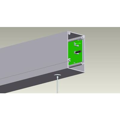 Part of a metal ceiling beam with an integrated green mechanism, to which a screw is attached, against a grey background.