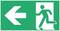 Emergency exit sign with a figure walking to the left. A large arrow on the left points towards an open exit.