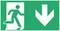 Emergency exit sign with a figure running to the right and a white downward arrow indicating the escape route.