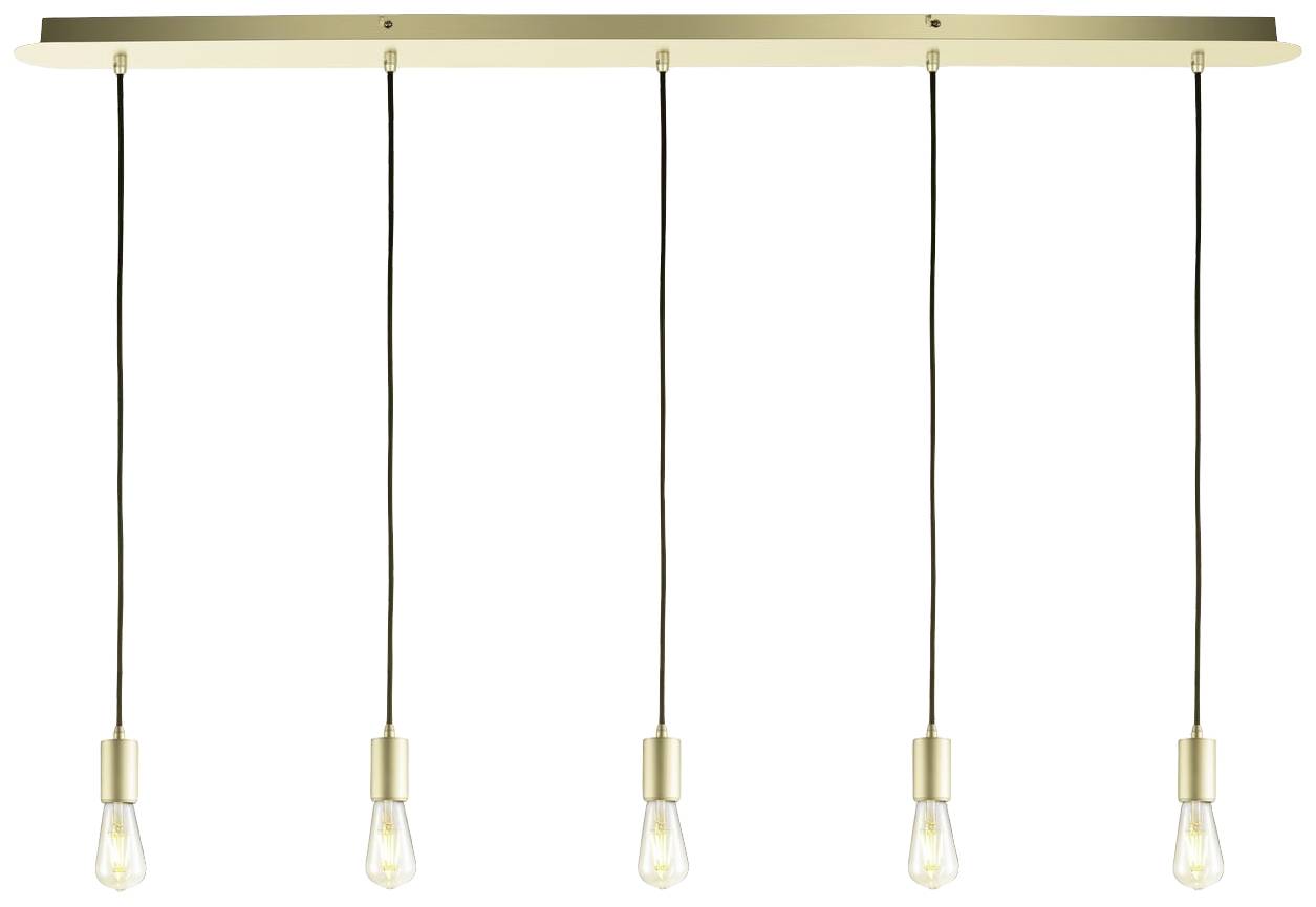 Five hanging light bulbs on black cables from a golden rod, symmetrically arranged, modern lighting.