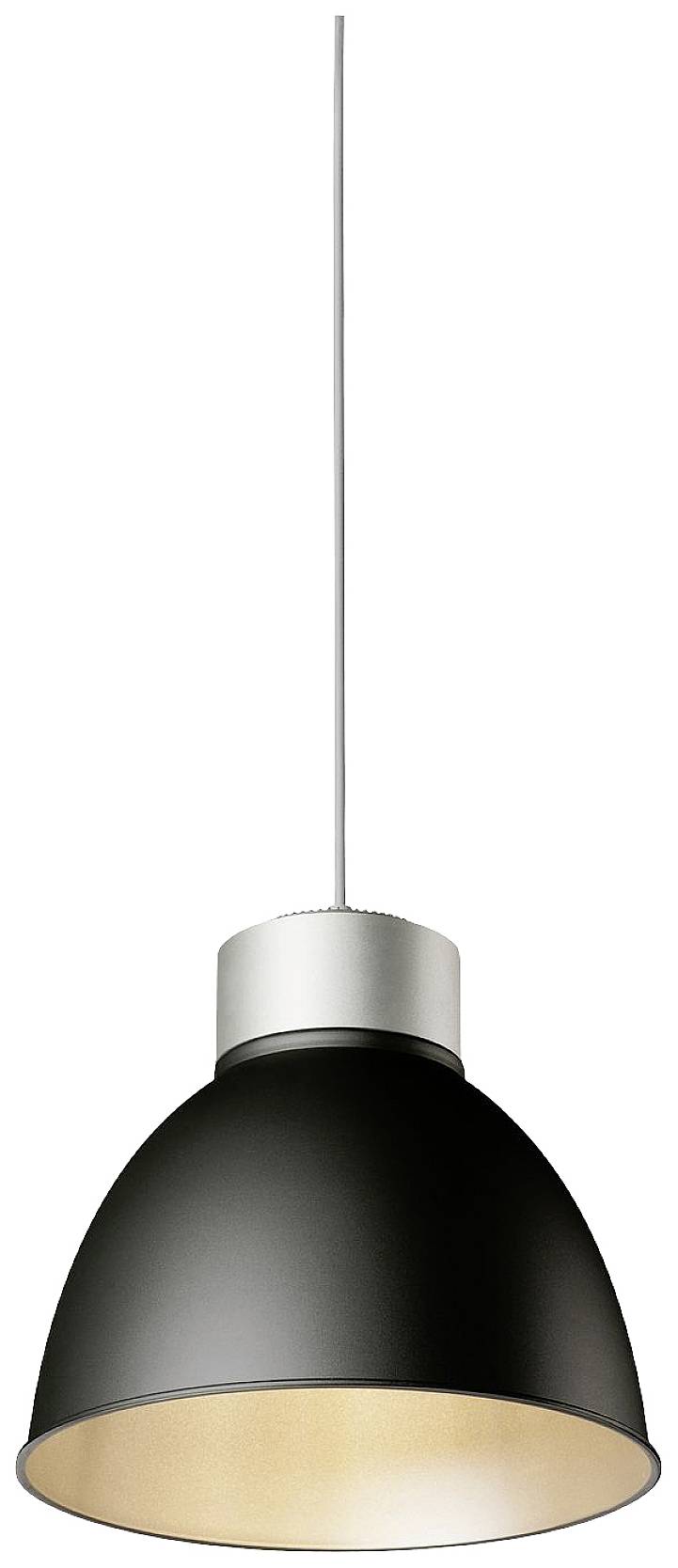 Single, contemporary hanging light with a black shade and white cable, suspended from the ceiling.