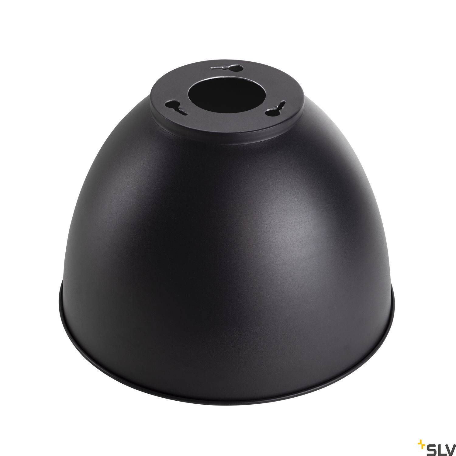 Black, funnel-shaped lampshade with a circular opening at the top. Suitable for mounting on a ceiling light.