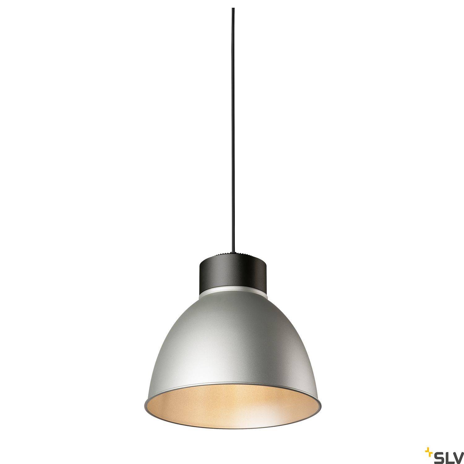 Pendant light with a contemporary, sleek design and metallic surface. Illuminates from above. Perfect for interior spaces.