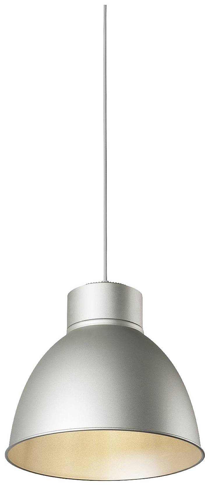 A silver pendant light with a long cable, emitting warm light.
