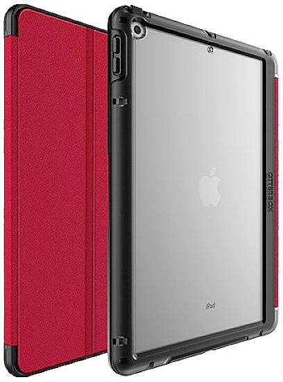 Red and transparent iPad protective case shows front and back, offers protection and stylish look. Ideal for safe iPad transportation.