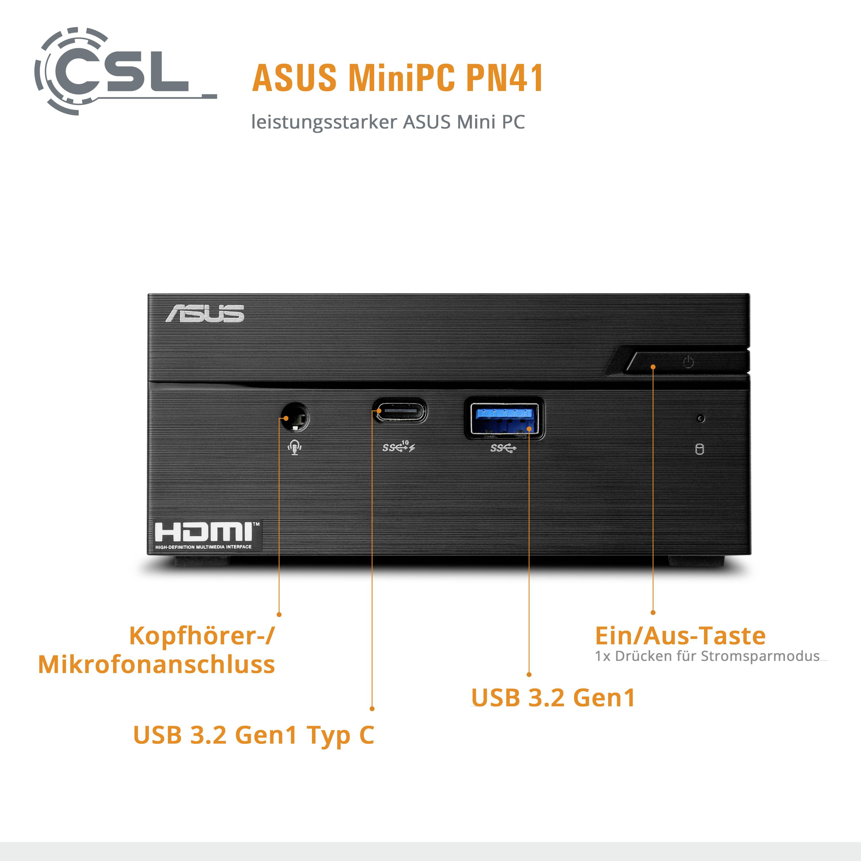 A black mini PC with the following ports: headphone/microphone socket, USB 3.2 Type C, USB 3.2 Gen1, power button. Text: 'ASUS MiniPC PN41'.
