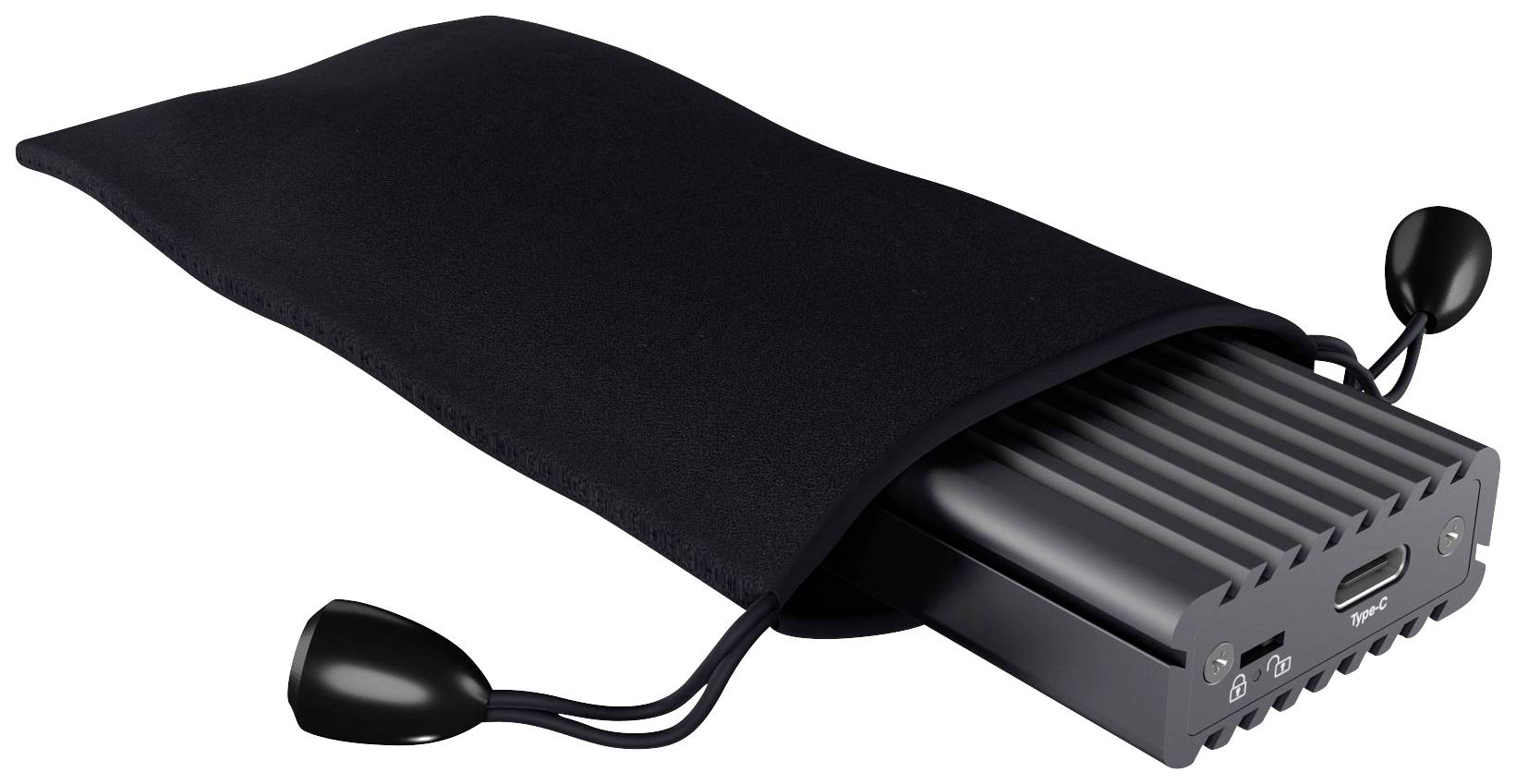 An external hard drive in a black pouch. The design is ribbed with a USB-C port visible. Suitable for secure transportation.