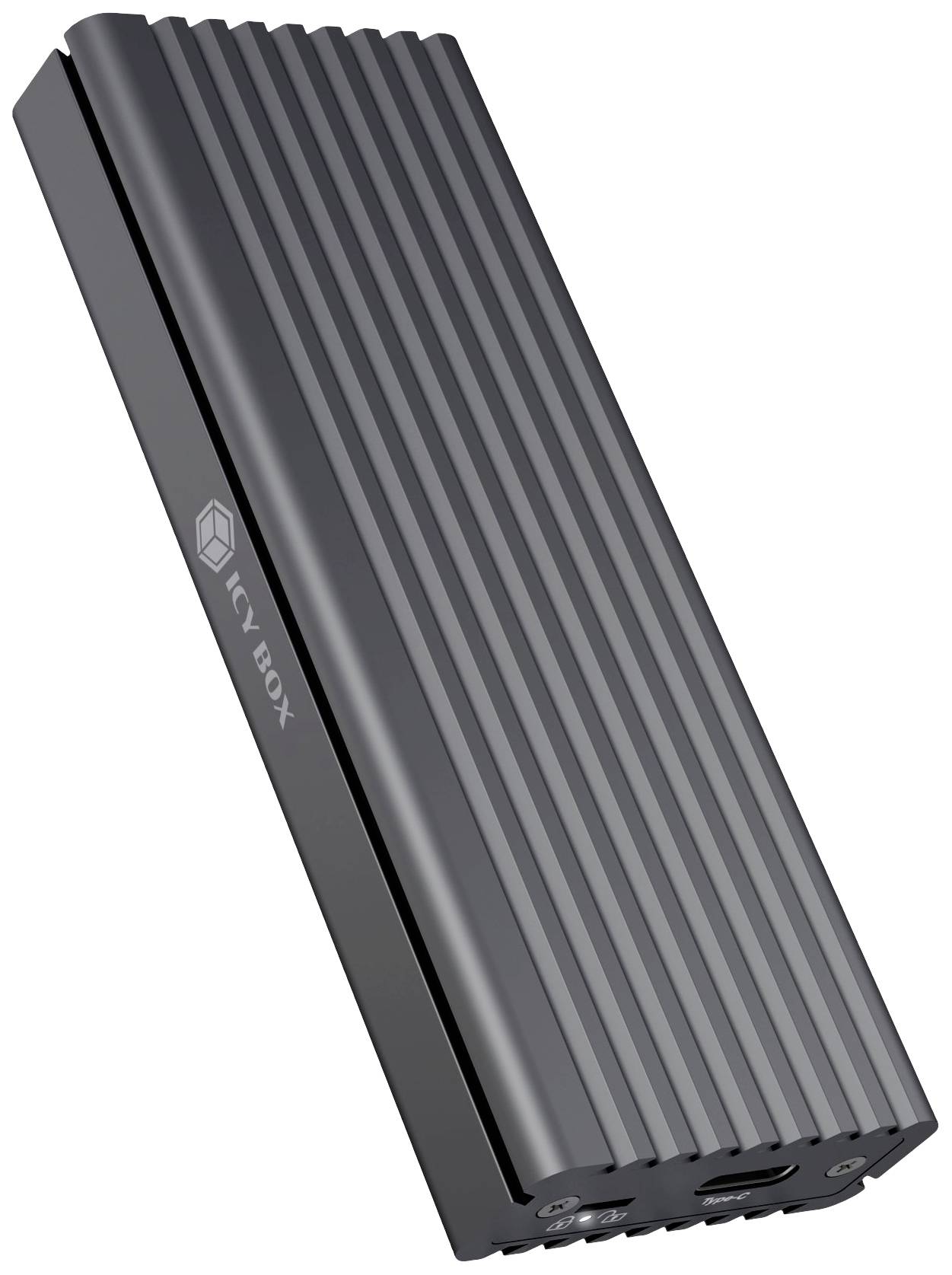 External grey hard drive enclosure with a ribbed surface, marked with 'Icy Box'. Includes connections and ventilation slots.