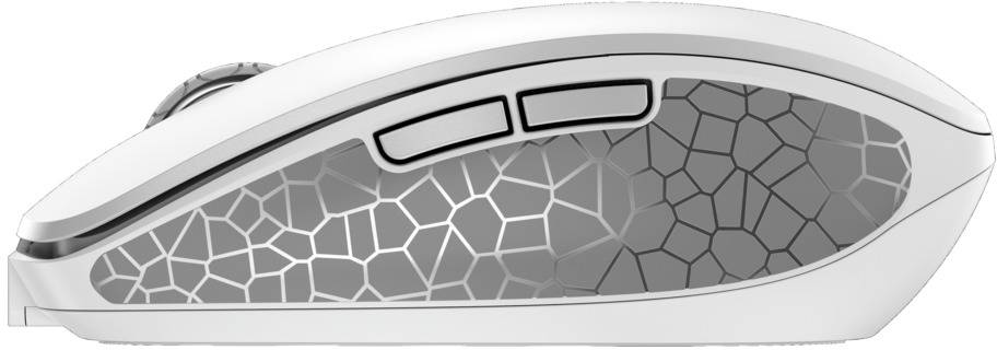 Wireless computer mouse, viewed from the side, with a grey, honeycomb-like pattern on a white background, showing two additional function buttons.