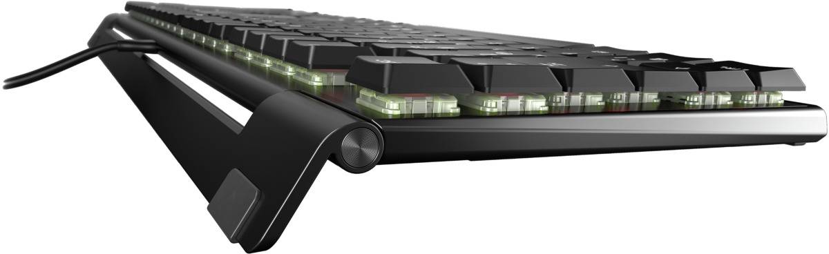 Flat computer keyboard with backlit keys, side view. Black, minimalist design.<br><br>(Note: The translation is already in British English, as the original text was very close to how it would be expressed in British English.)