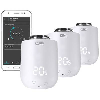 Three digital thermostats with WiFi connectivity and smartphone app control. Main display shows '20.5°C', supports Auto/Manual mode.
