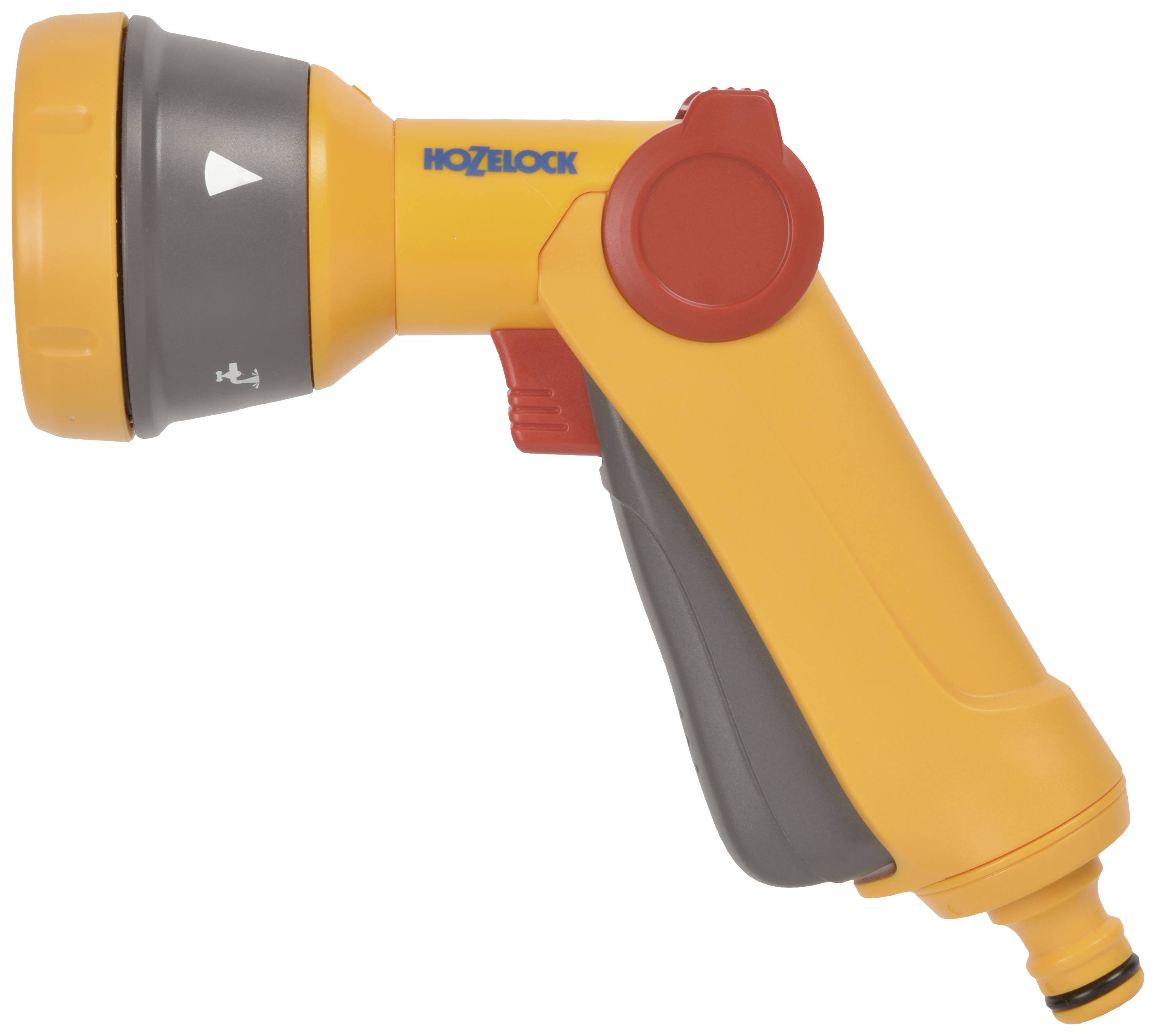 A yellow garden hose spray nozzle with a red and grey handle. The spray nozzle has settings for different water spray patterns.