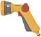 A yellow garden hose spray nozzle with a red and grey handle. The spray nozzle has settings for different water spray patterns.