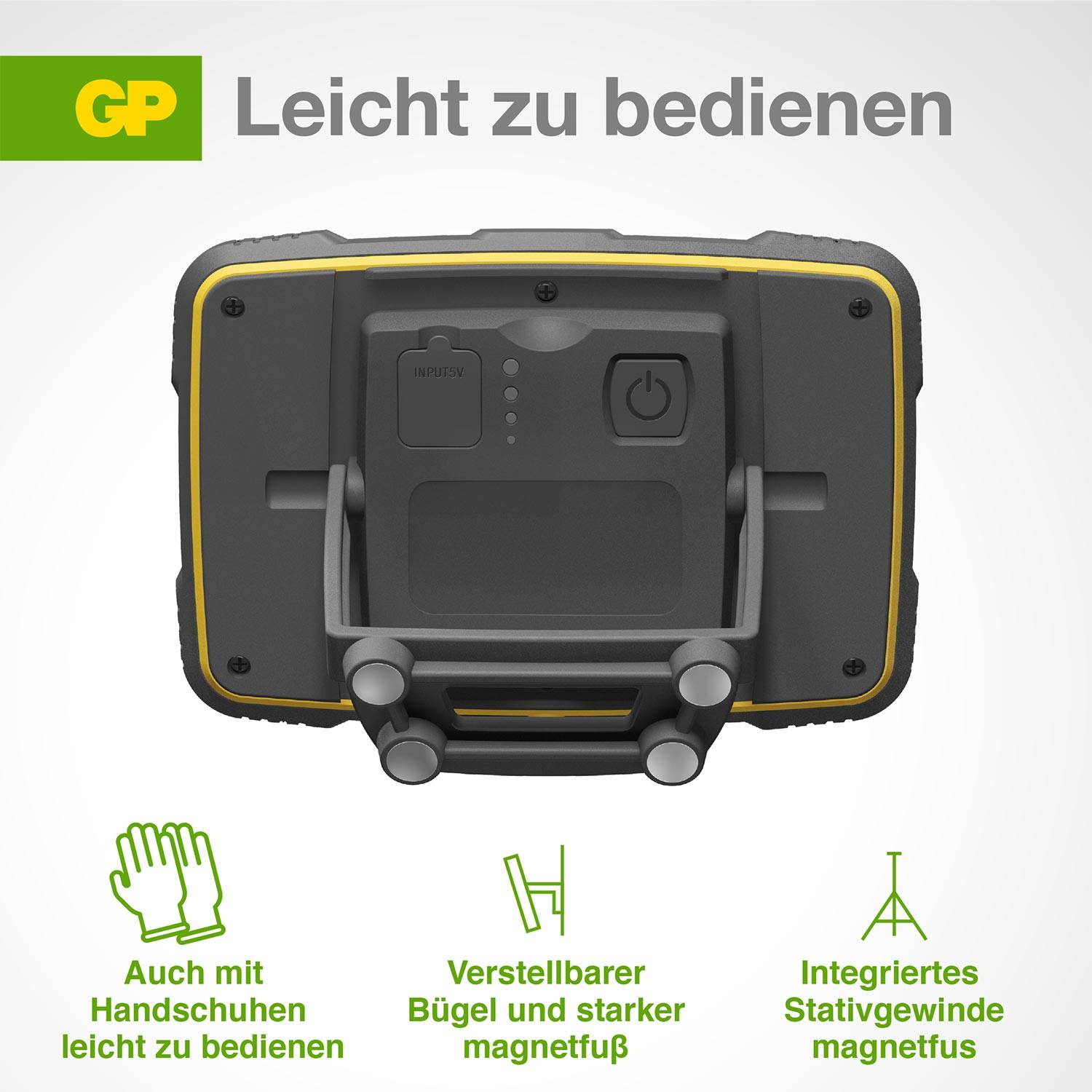 'Easy to Operate' at the top. Image shows device with controls. Symbols and text: 'Easy to operate even with gloves', 'Adjustable handle and strong magnetic base', 'Integrated magnetic tripod thread'.