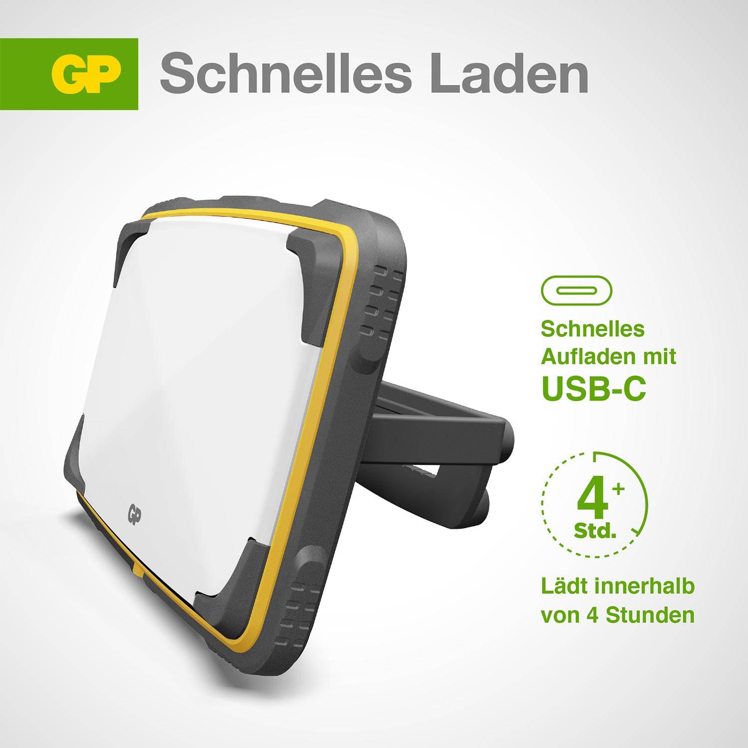 A portable charger by GP with USB-C port. Text: 'Fast charging with USB-C, 4+ hrs. Charges within 4 hours'.