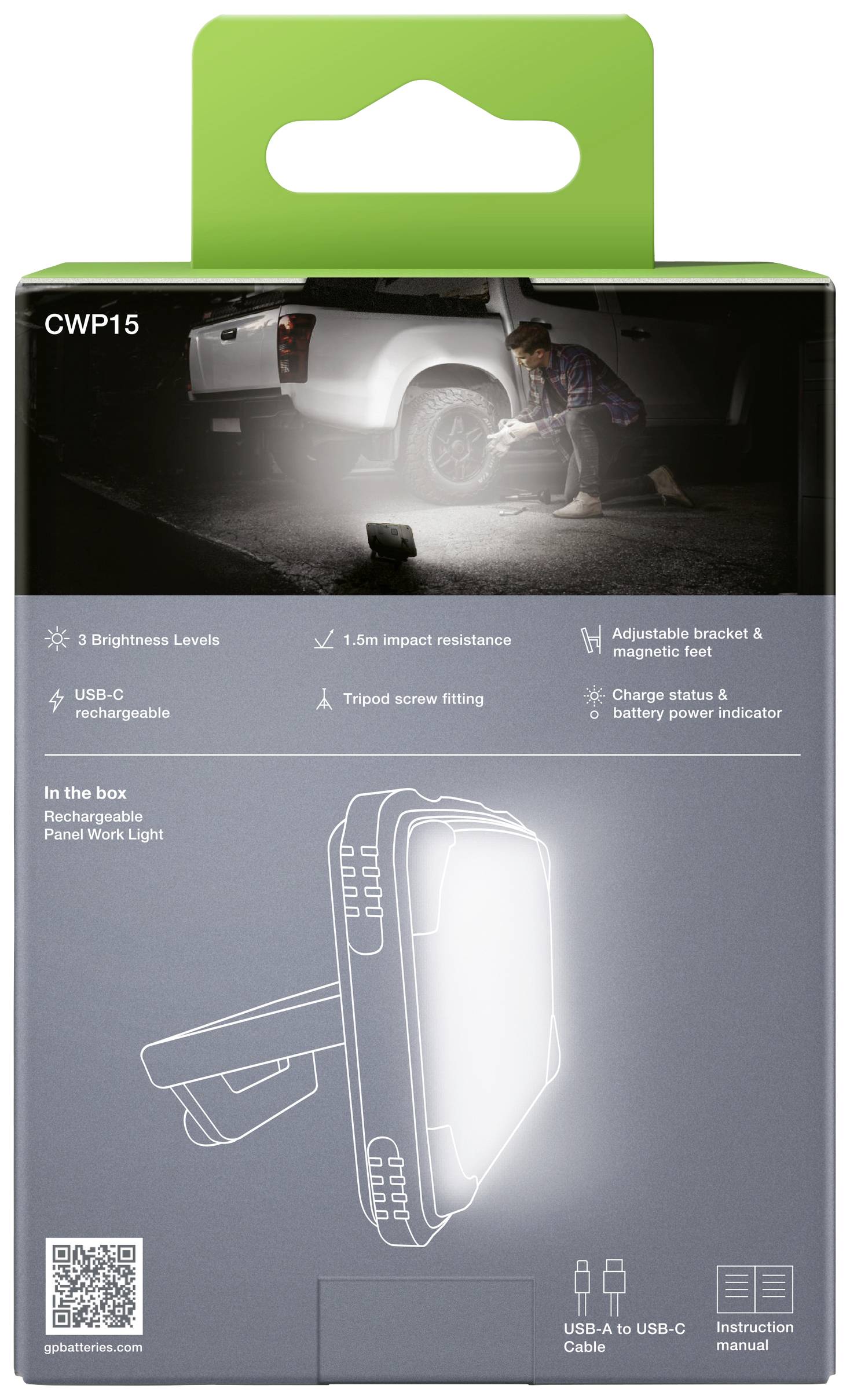 Green packaging for a portable LED work light. Shows application during car repair. Functions including brightness levels and USB-C charging listed.