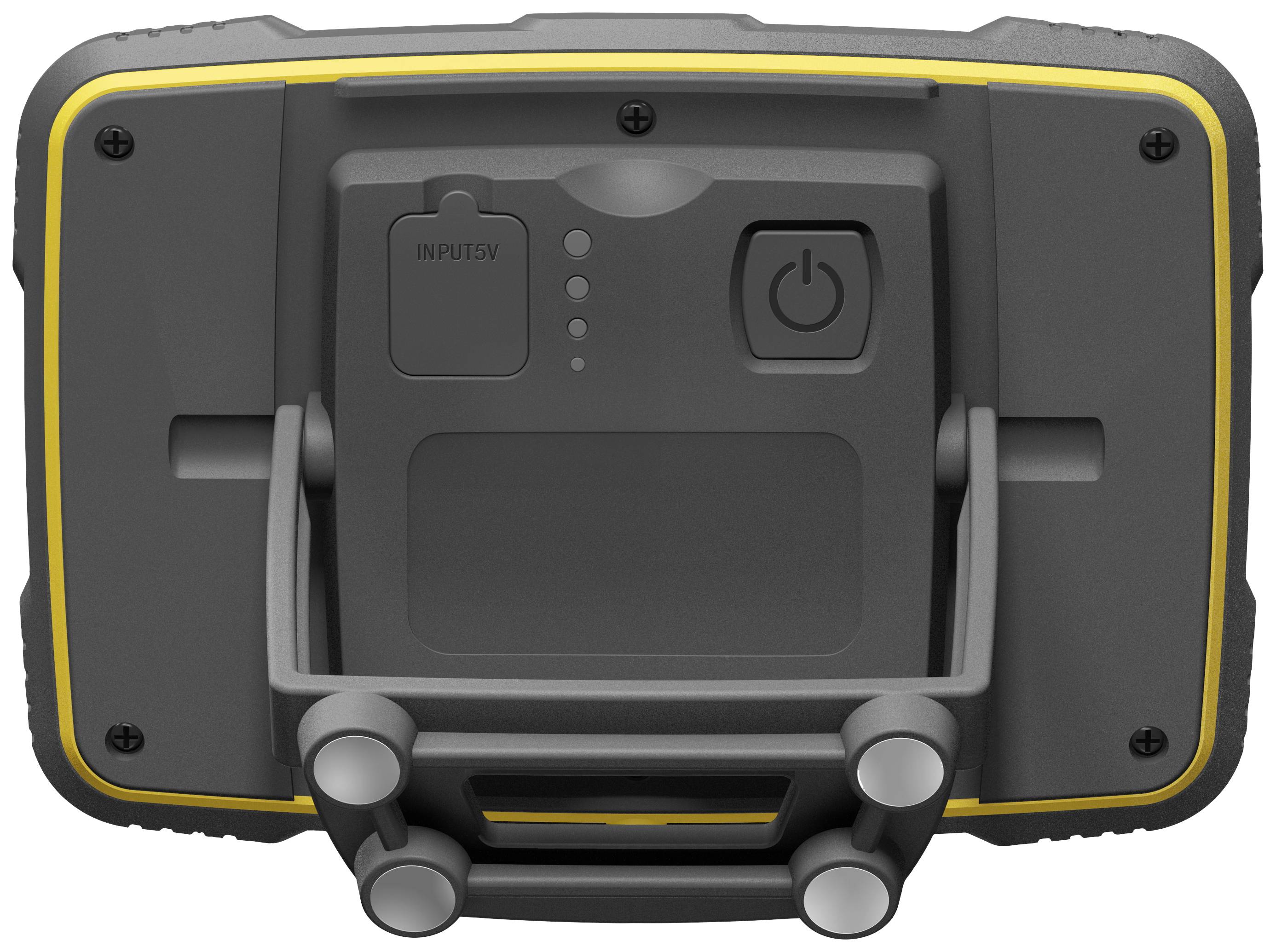 Rear view of a portable device with a yellow frame, a large power button on top and a handle at the bottom.