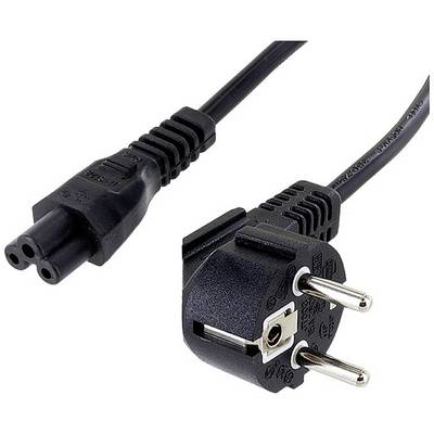 'The illustration shows a black mains cable with a Euro plug and a three-pronged IEC (cold equipment) connector, suitable for electronic devices.'