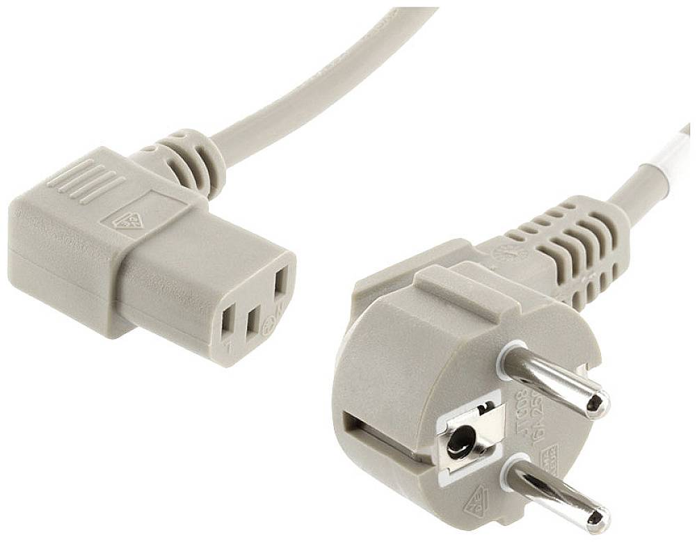 A grey network cable with a C13 plug on the left side and a Schuko plug on the right side, suitable for European power sockets.