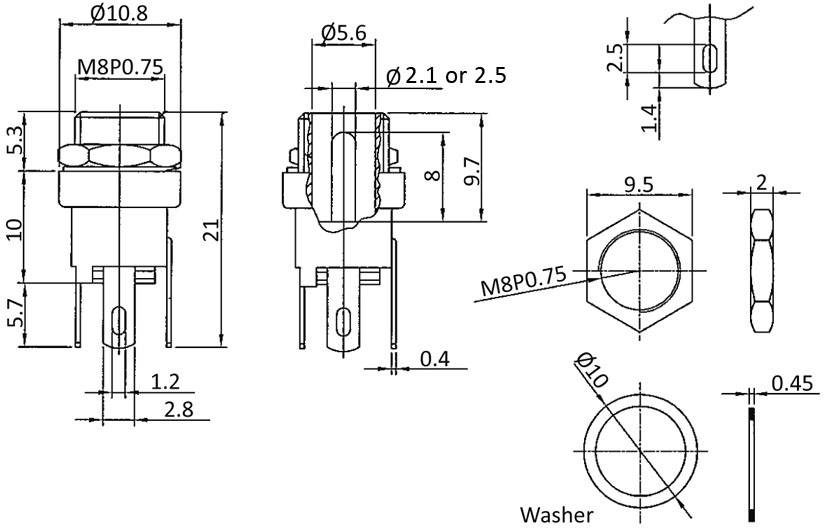 Technical drawing of a connector with labels: M8P0.75, various dimensions and views, including sealing rings.