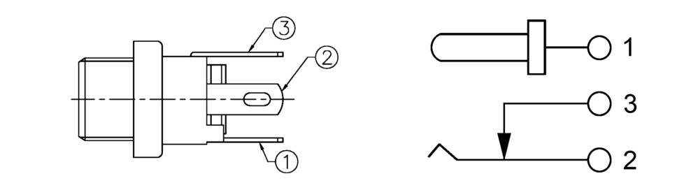 Technical drawing of an electrical connector with components 1, 2 and 3 labelled; shows the connection diagram.