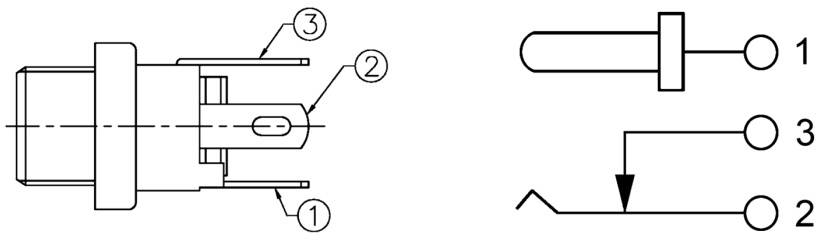 Technical drawing of an electrical plug (left) and switching symbol (right) with marking of connection points 1, 2, 3.
