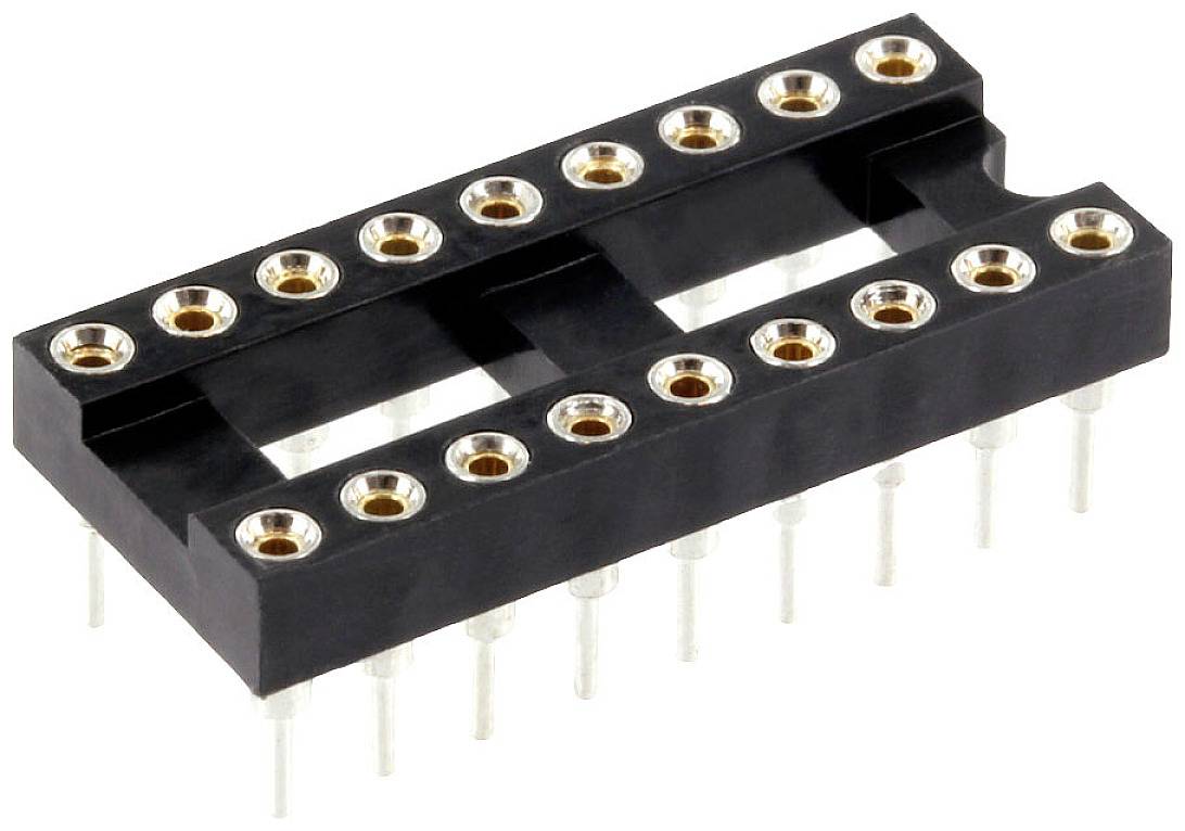 A black 16-pin IC socket, suitable for electronic circuits, on a white background.