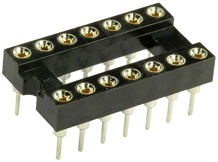 A black 14-pin IC socket for use in electronic circuits enhances the flexibility and reusability of chips.