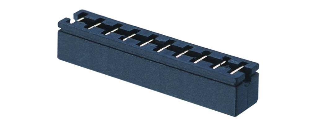 A black, rectangular plug connector with multiple metal contacts, used in electronic devices for connecting cables or components.