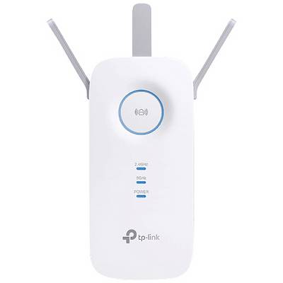 A white Wi-Fi repeater with aerials, displaying a Wi-Fi symbol and featuring indicators for 2.4 GHz, 5 GHz, and power supply.