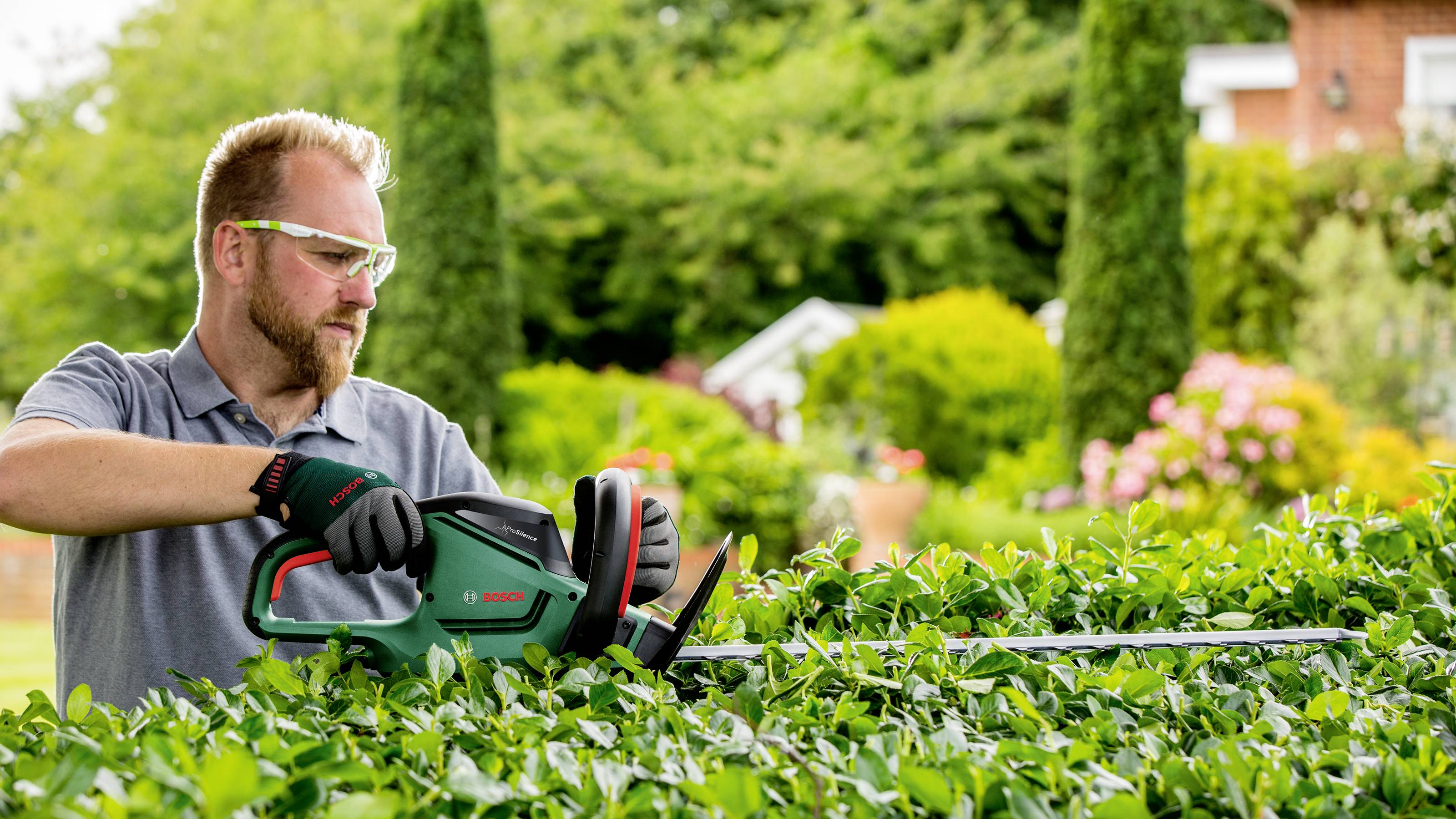 A man is using an electric hedge trimmer in the garden. Green bushes and a house are visible in the background.