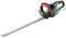 Electric hedge trimmer with a green casing and red handle. Long, silver double-blade system for efficient cutting.