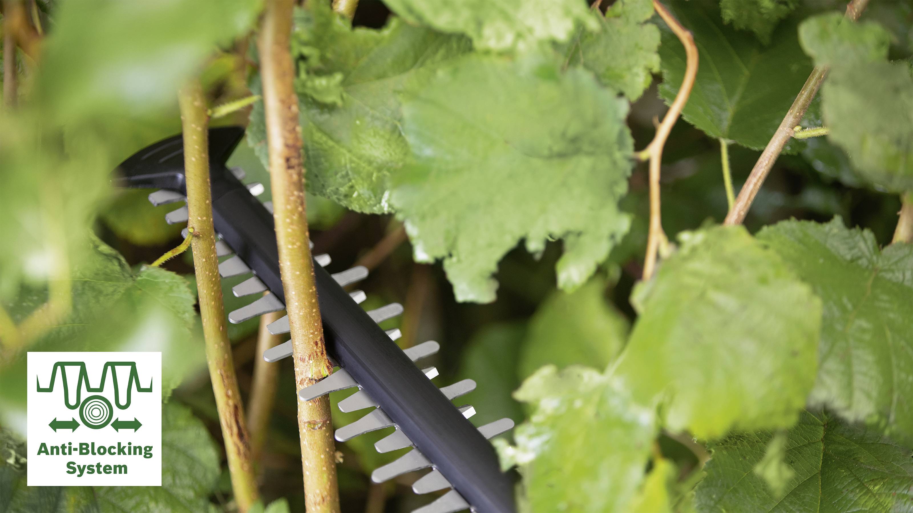 Hedge trimmer cutting branches in dense foliage. An 'Anti-Blocking System' symbol is shown in the image.