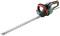 An electric hedge trimmer with a green casing and red handles. It is designed for cutting hedges in gardening.