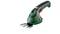 A cordless, green garden tool with a black handle, marked with 'Bosch'. It has blades for maintaining small shrubs or grass.