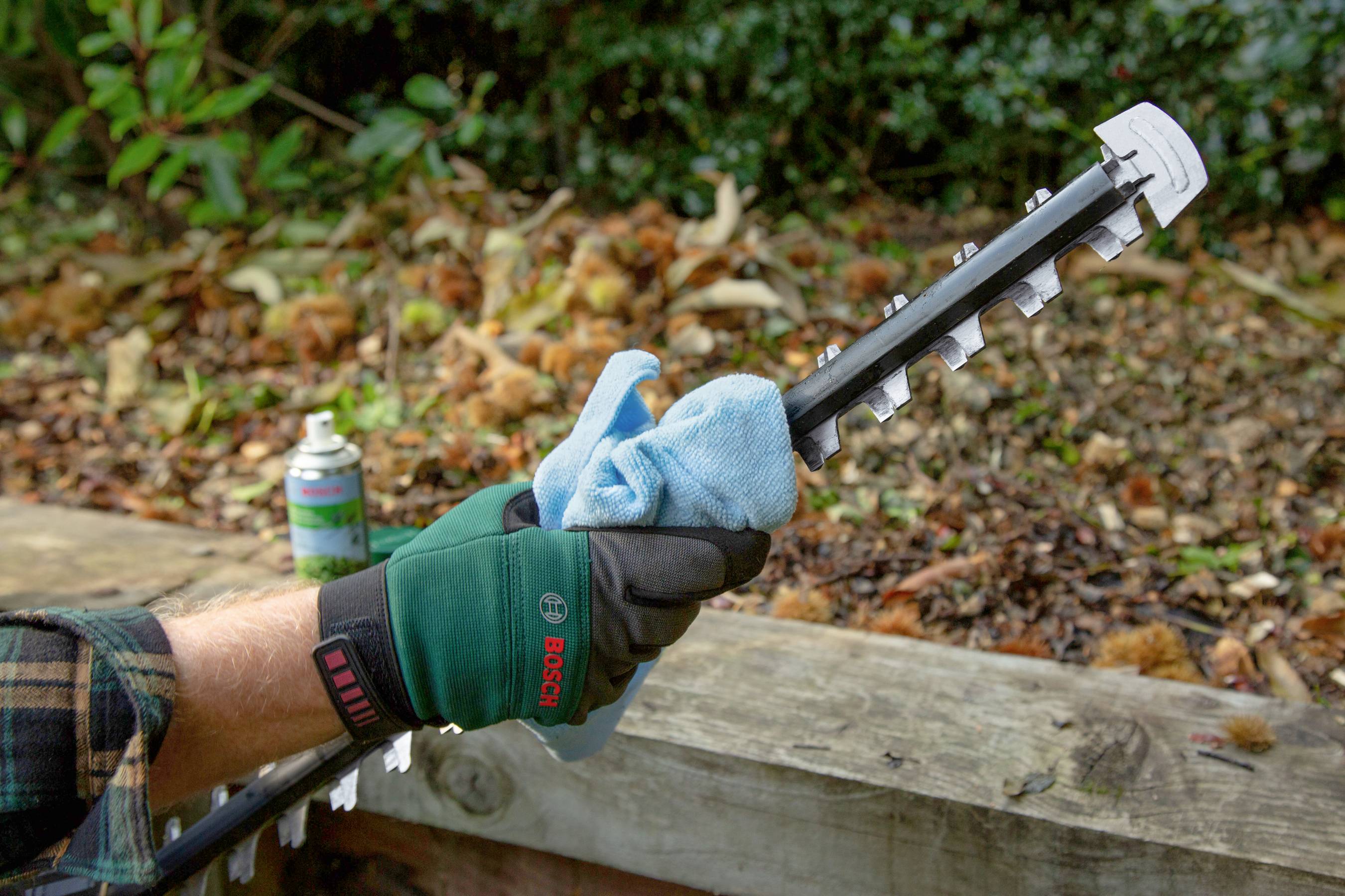 A person is cleaning the blade of a hedge trimmer with a blue cloth. Leaves and a spray can are visible in the background.