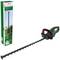 Battery-powered Bosch hedge trimmer next to packaging, suitable for outdoor use.