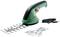 A green, cordless Bosch hedge trimmer with a black handle and red button, alongside a USB charging cable and a spare blade.