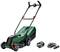 Electric lawn mower, green with black handle, accompanied by a removable battery and charger, displayed against a white background.