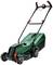 A green electric lawnmower with black and red accents stands upright. Suitable for medium-sized gardens.
