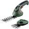 A green, cordless garden tool with blades for cutting grass or hedges. Bosch brand logo, ergonomic handle.