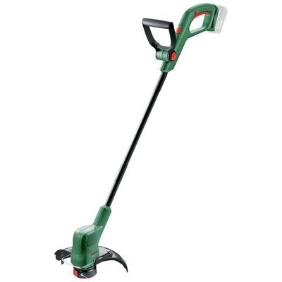 Green, cordless lawn trimmer with long handle, red operating button, and protective guard on the cutting head, ideal for small gardens.