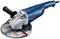 A blue Bosch angle grinder is lying on its side. The tool has a black handle and a grey grinding disc.
